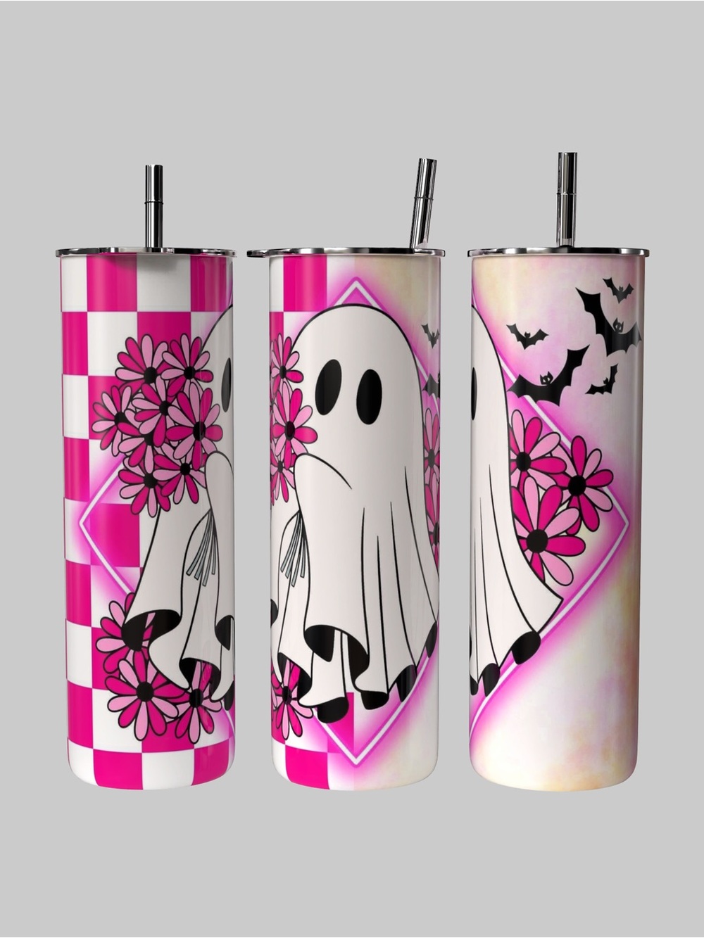 Vibrant Pink Checkers Cute Ghost Spooky 20oz Tumbler